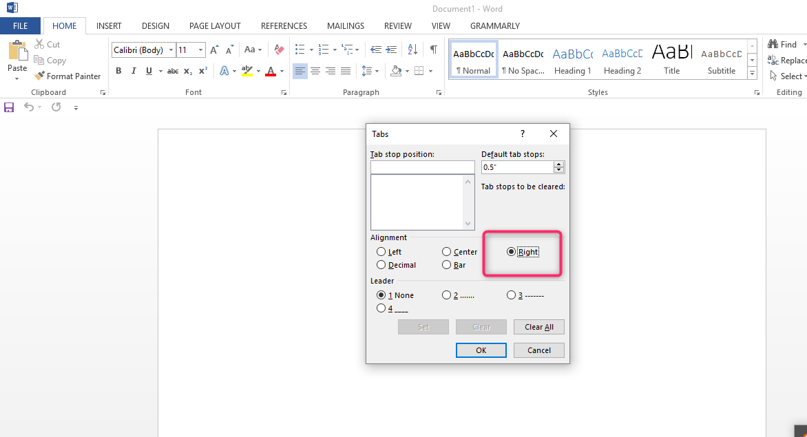 word set tab stops for document